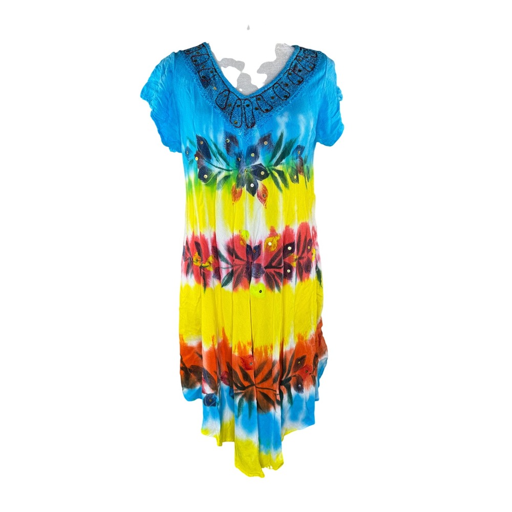 Exist Womens Tie Dye Floral Beaded V-Neck Sharkbite Cover Up Dress One Size OS